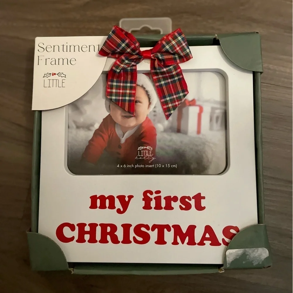 Little Sentiment Frame with Red Plaid Bow My First Christmas 4X6 picture-NWT